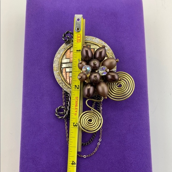 💛 Vintage Handmade Gold Crystal & Brown Pearl Brooch - Picture 2 of 5